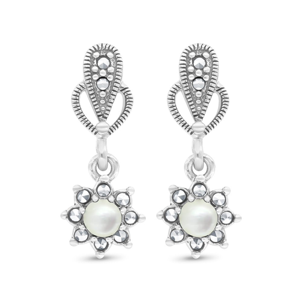 Sterling Silver 925 Set Embedded With Natural White Shell And Marcasite Stones