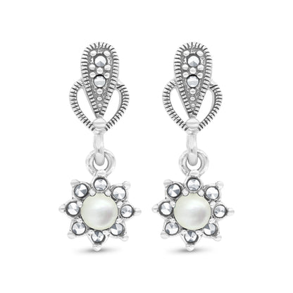 Sterling Silver 925 Set Embedded With Natural White Shell And Marcasite Stones