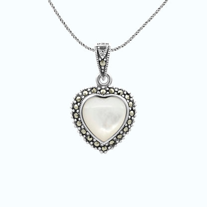 Sterling Silver 925 Pendant Embedded With Natural White Shell And Marcasite Stones
