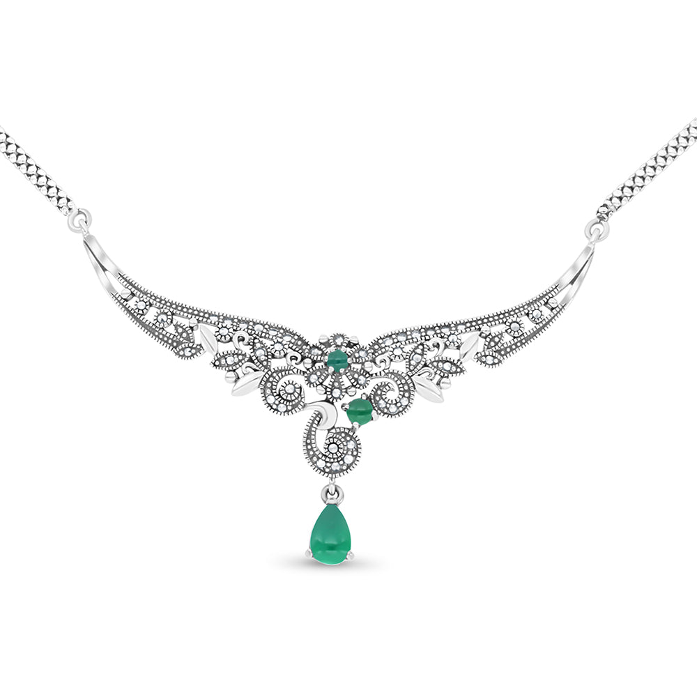 Sterling Silver 925 Set Embedded With Natural Green Agate And Marcasite Stones
