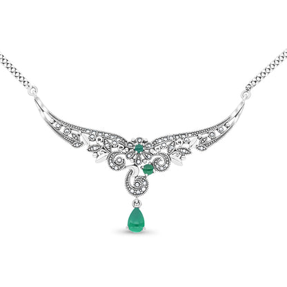 Sterling Silver 925 Set Embedded With Natural Green Agate And Marcasite Stones