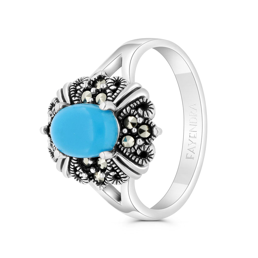 Sterling Silver 925 Ring Embedded With Natural Processed Turquoise And Marcasite Stones