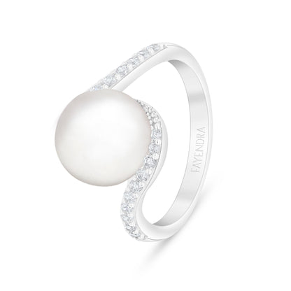 Sterling Silver 925 Ring Rhodium Plated Embedded With Natural White Pearl And White Zircon