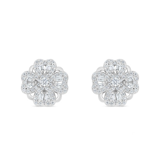 Sterling Silver 925 Earring Rhodium Plated Embedded With White Zircon