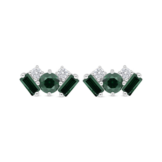 Sterling Silver 925 Earring Rhodium Plated Embedded With Emerald Zircon And White Zircon