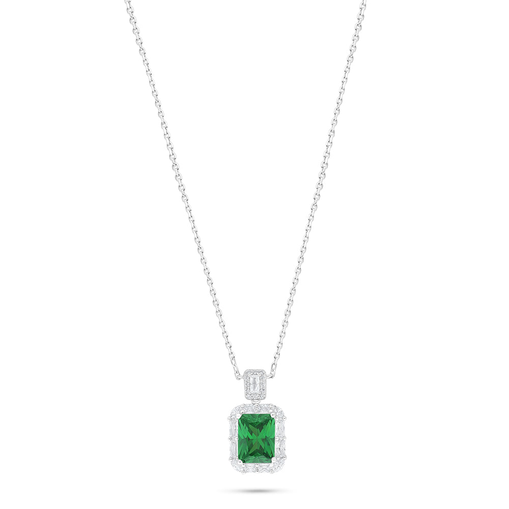 Sterling Silver 925 Necklace Rhodium Plated Embedded With Emerald Zircon And White Zircon
