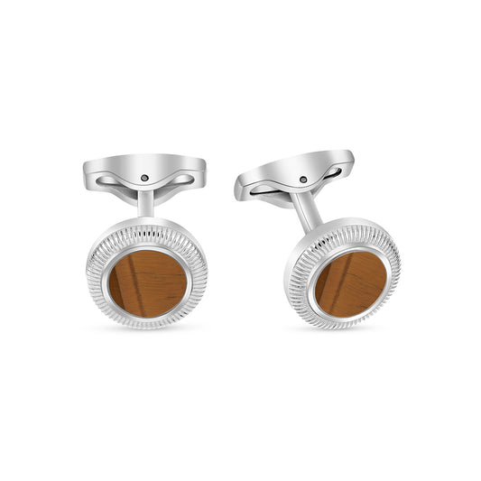 Stainless Steel Cufflink 316L Silver Color Embedded With Yellow Tiger Eye shell Shiny Steel