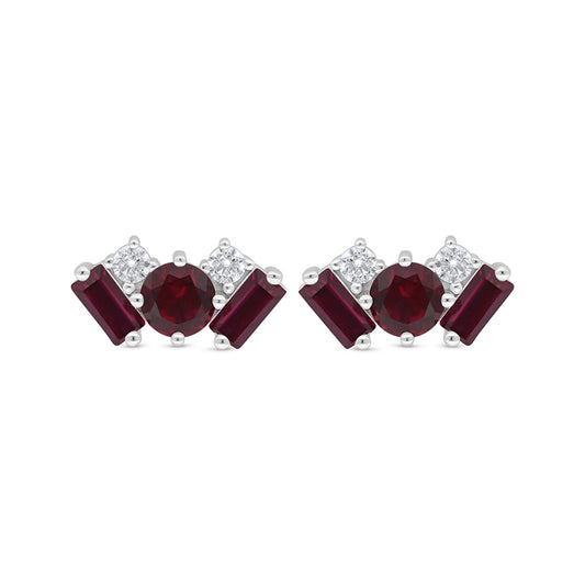 Sterling Silver 925 Earring Rhodium Plated Embedded With Ruby Corundum And White Zircon