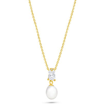 Sterling Silver 925 Necklace Golden Plated Embedded With Natural White Pearl And White Zircon
