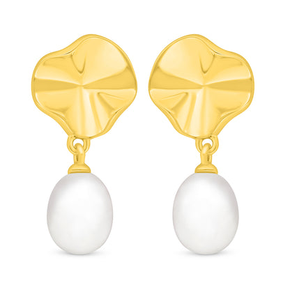 Sterling Silver 925 Earring Golden Plated Embedded With Natural White Pearl