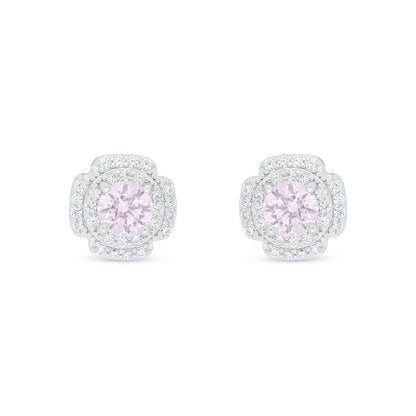 Sterling Silver 925 Earring Rhodium Plated Embedded With Pink Zircon And White Zircon