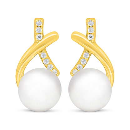 اقراط من الفضة الخالصة عيار 925 مطلية ذهبي مرصعة لولو ابيض طبيعي و فص ابيض