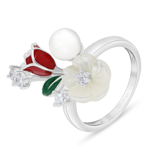 Sterling Silver 925 Ring Rhodium Plated Embedded With Natural White Pearl And White Shell And White Zircon