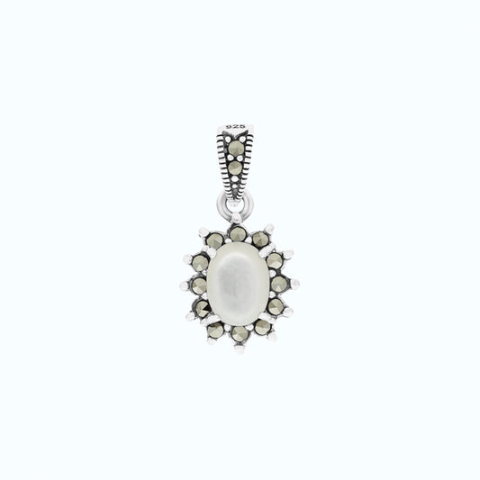 Sterling Silver 925 Pendant Embedded With Natural White Shell And Marcasite Stones