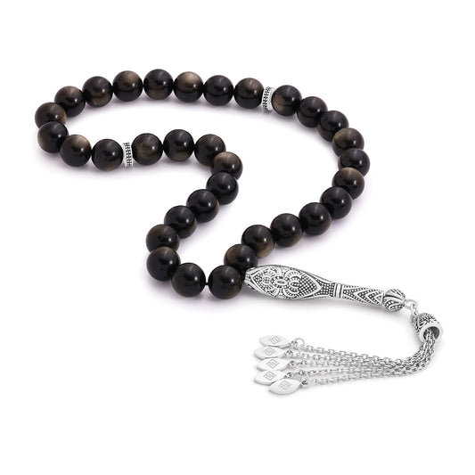 Rosary 33 Premium Golden Obsidian Beads 10 mm With Stainless Steel 316L Set Silver And Black Plated