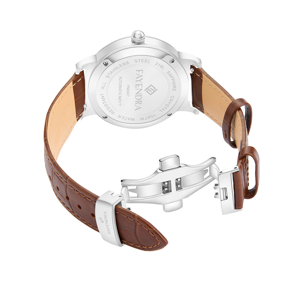 Stainless Steel 316L Watch Silver Color Brown Leather For Men - BROWN MOP DIAL