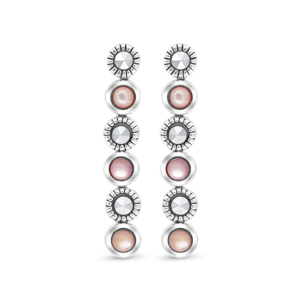 Sterling Silver 925 Set Embedded With Natural Pink Shell And Marcasite Stones