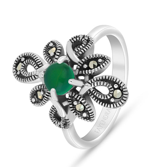 Sterling Silver 925 Ring Embedded With Natural Green Agate And Marcasite Stones