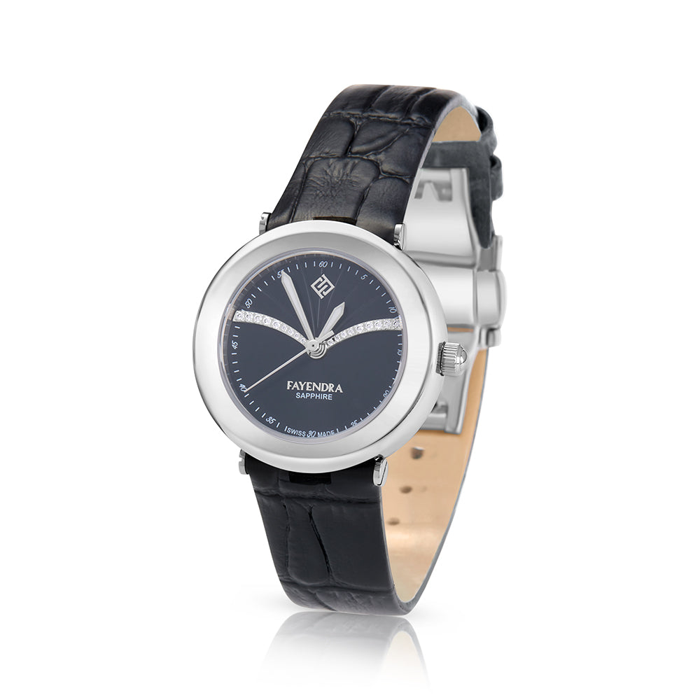 Stainless Steel 316L Watch Silver Color Black Leather And White Zircon - BLACK METAL DIAL