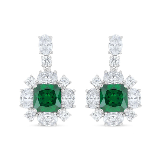 Sterling Silver 925 Earring Rhodium Plated Embedded With Emerald Zircon And White Zircon