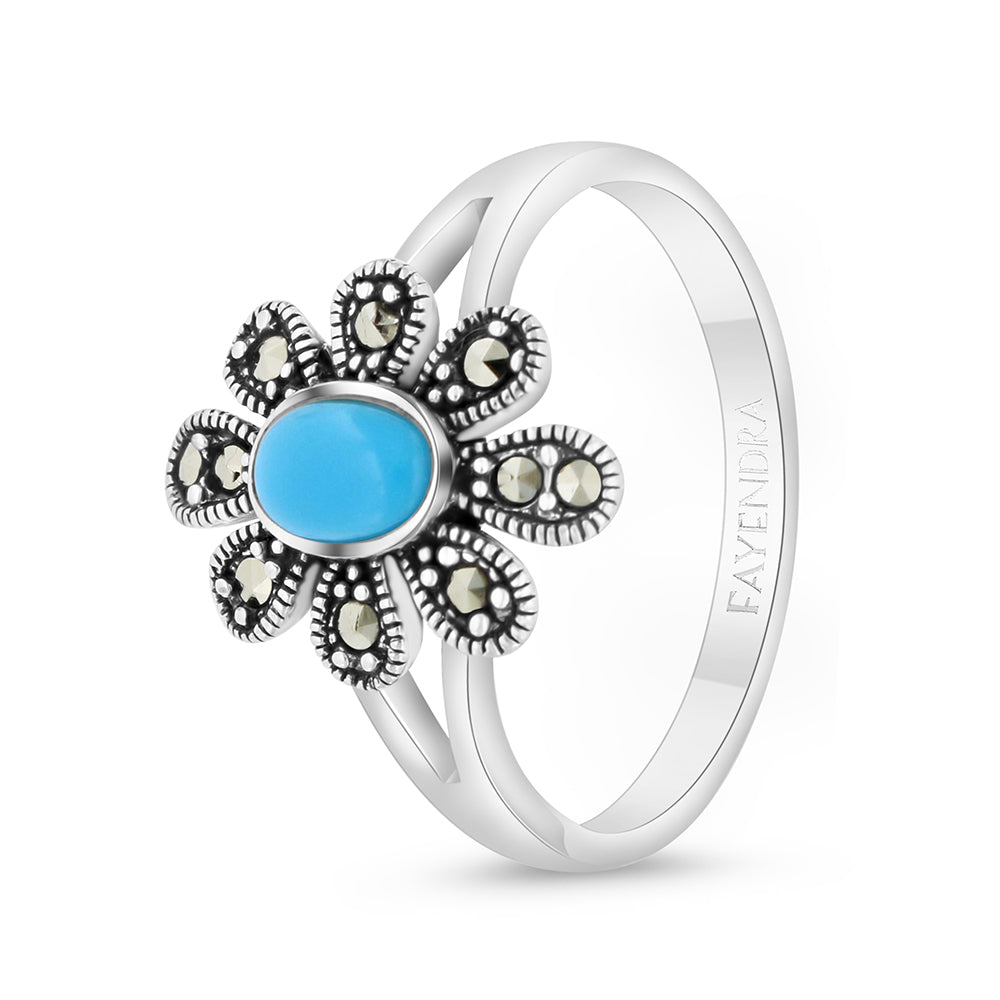 Sterling Silver 925 Ring Embedded With Natural Processed Turquoise And Marcasite Stones