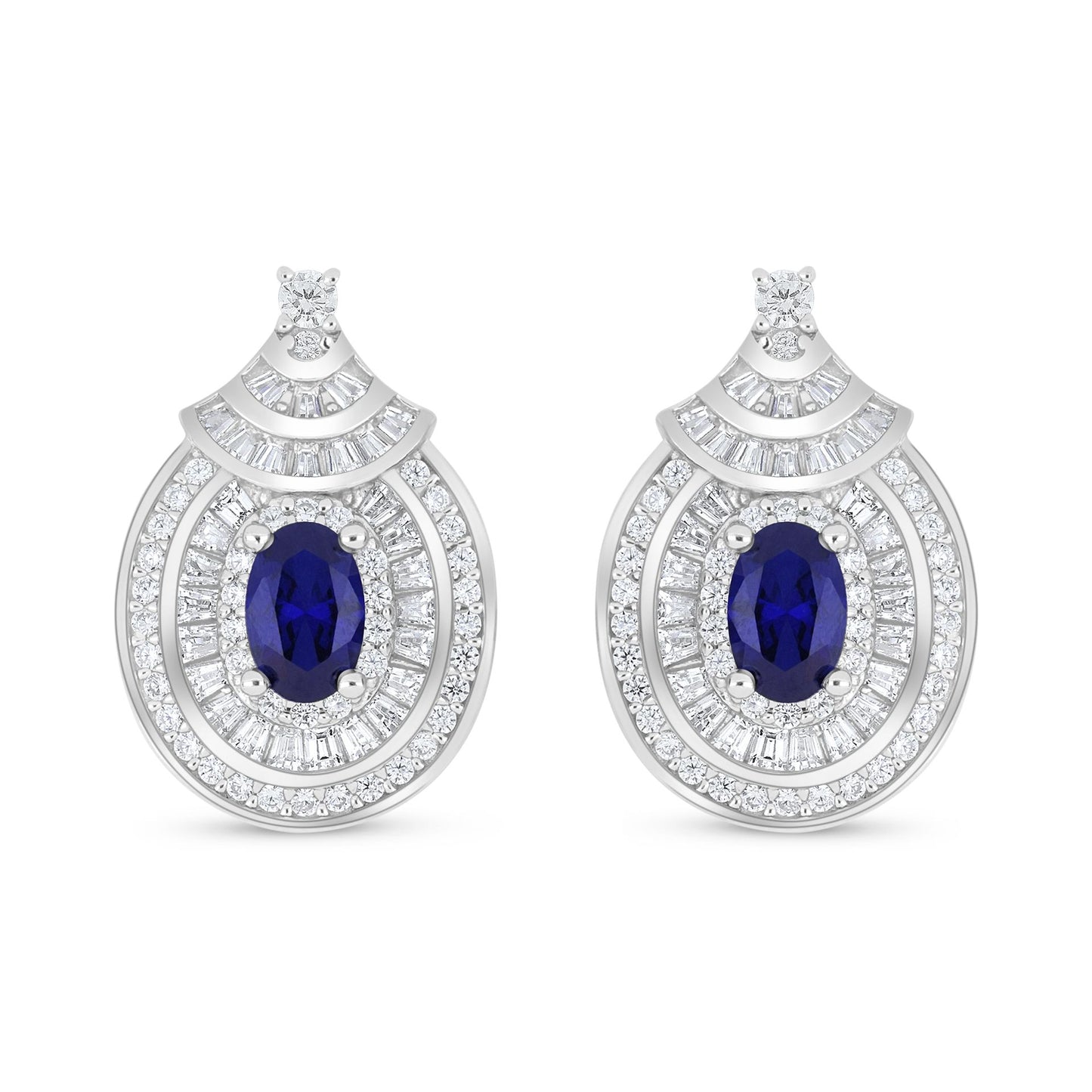 Sterling Silver 925 Earring Rhodium Plated Embedded With Sapphire Corundum And White Zircon