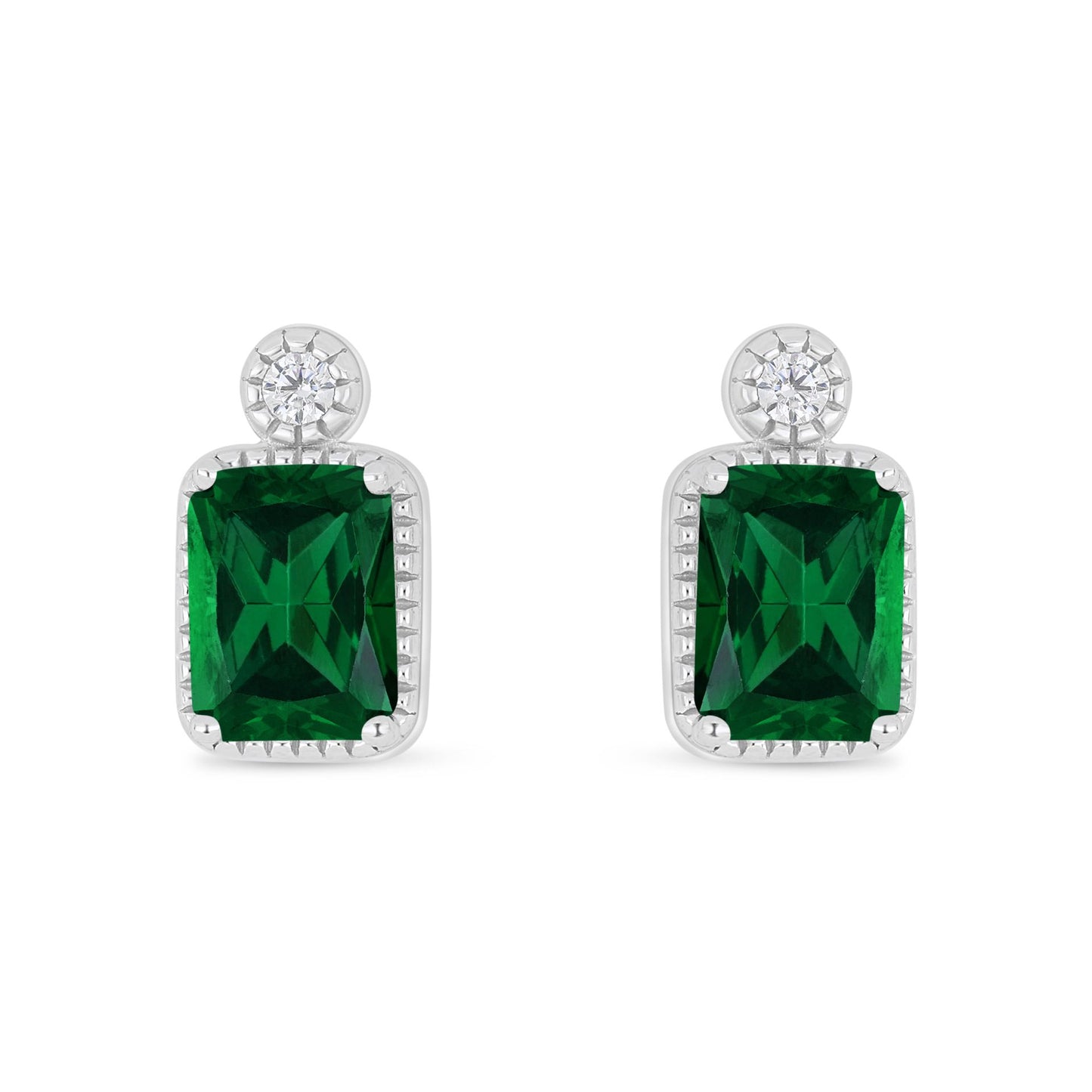 Sterling Silver 925 Earring Rhodium Plated Embedded With Emerald Zircon And White Zircon