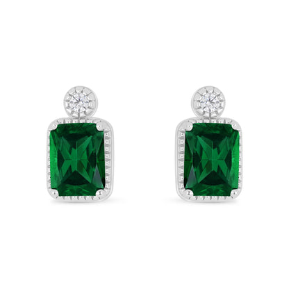 Sterling Silver 925 Earring Rhodium Plated Embedded With Emerald Zircon And White Zircon