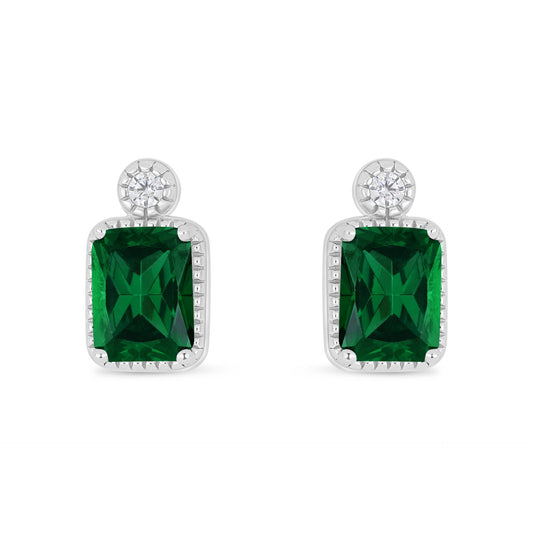 Sterling Silver 925 Earring Rhodium Plated Embedded With Emerald Zircon And White Zircon