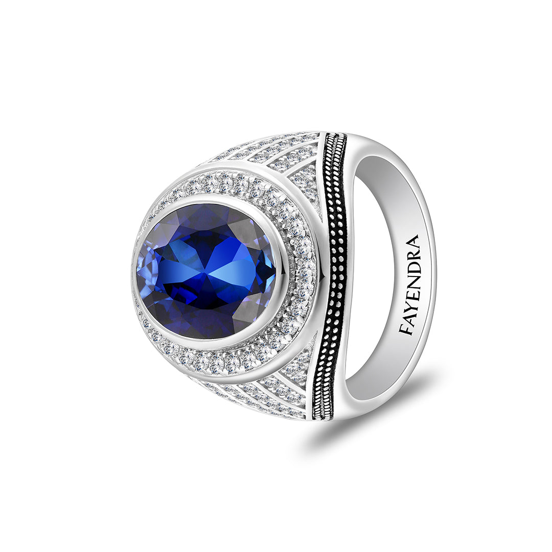 Sterling Silver 925 Ring Rhodium And Black Plated Embedded With Sapphire Corundum And White Zircon For Men