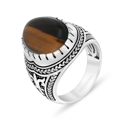 Sterling Silver 925 Ring Rhodium And Black Plated Embedded With Cabochon Yellow Tiger Eye For Men
