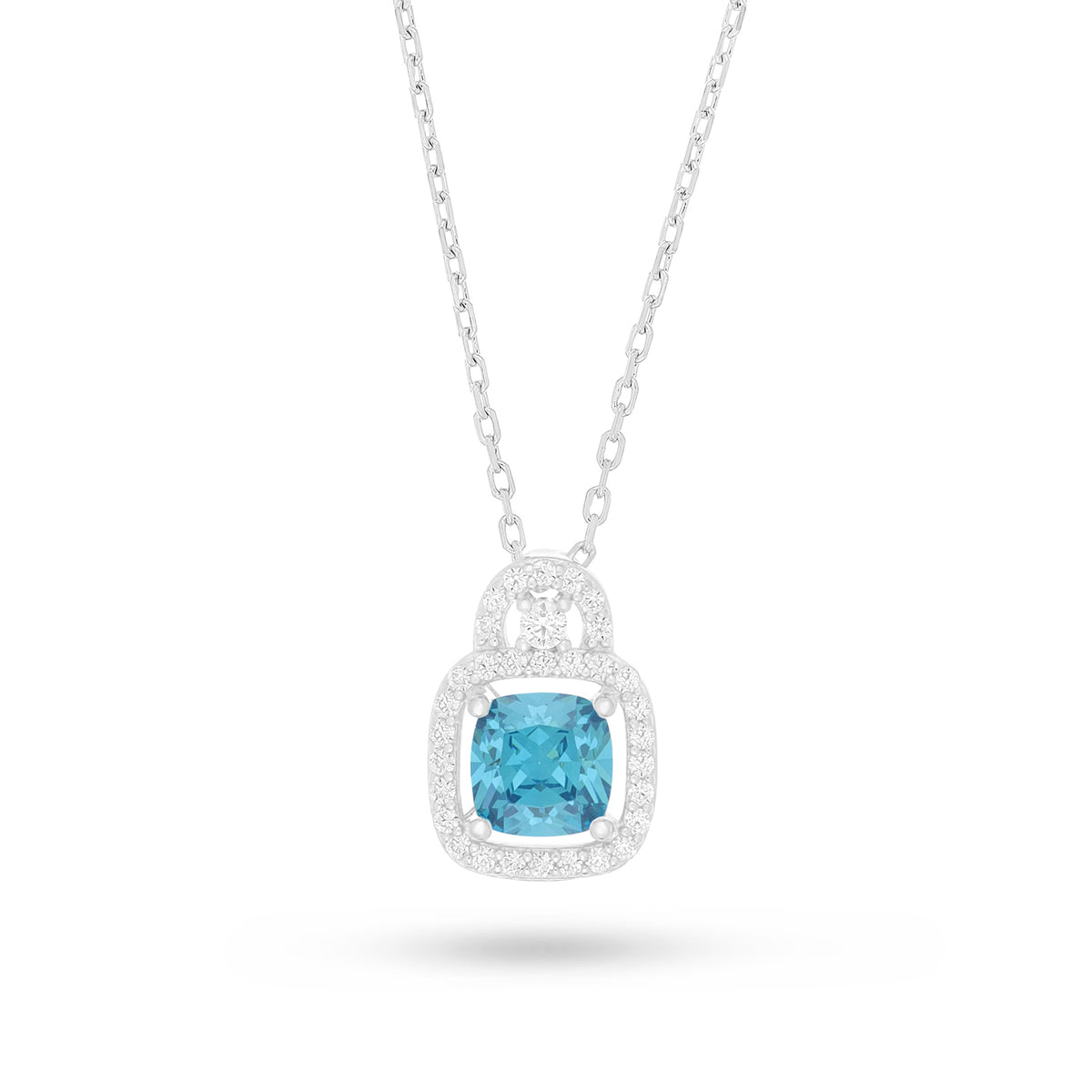 Sterling Silver 925 Necklace Rhodium Plated Embedded With Aqua Zircon Color And White Zircon