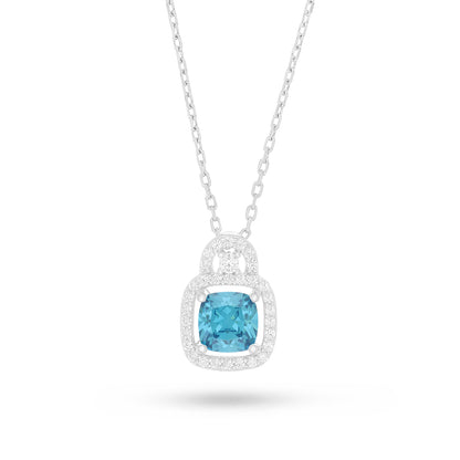 Sterling Silver 925 Necklace Rhodium Plated Embedded With Aqua Zircon Color And White Zircon