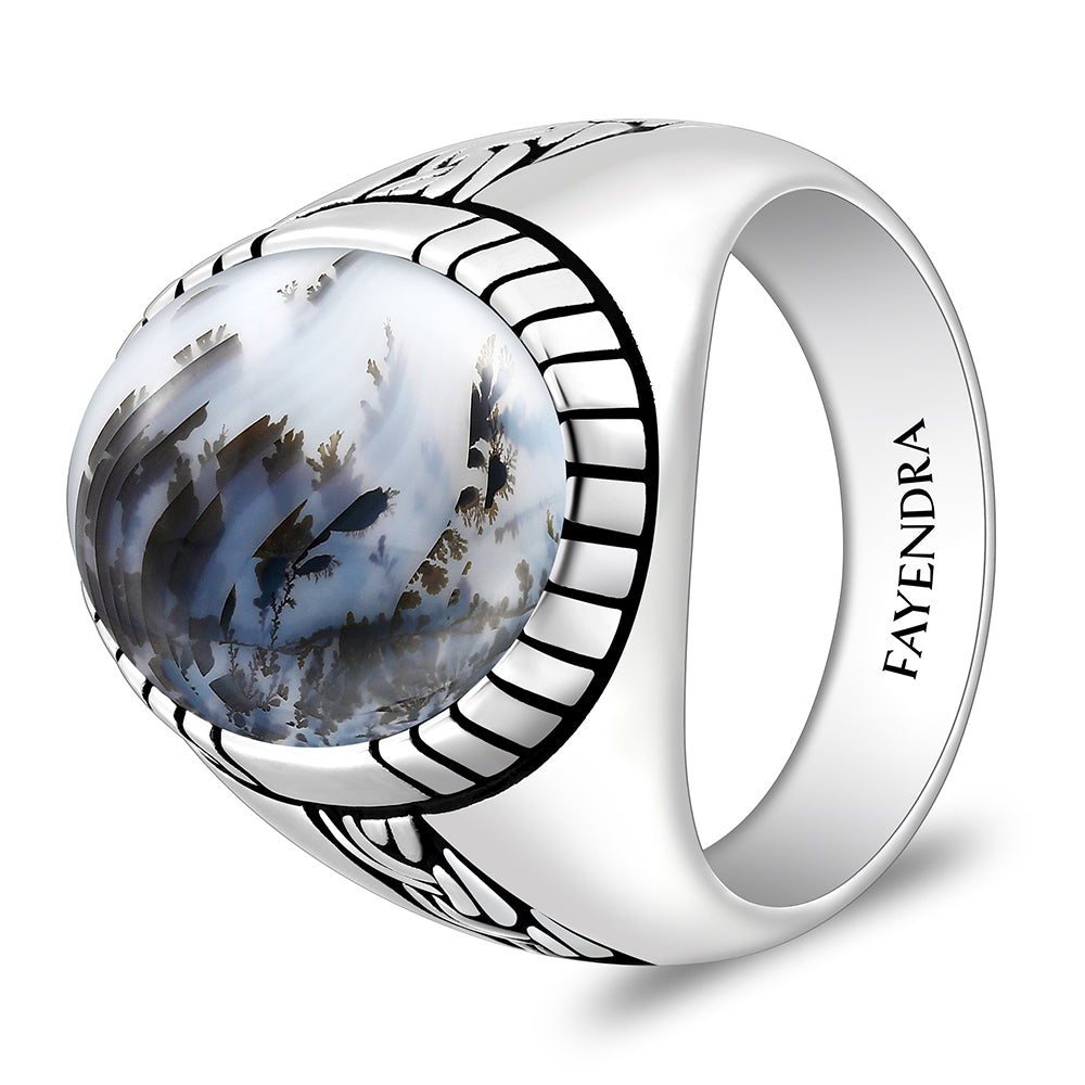 Sterling Silver 925 Ring Rhodium And Black Plated Embedded With Natural Agate Cabochon For Men