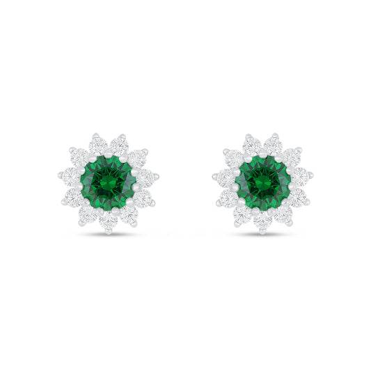 Sterling Silver 925 Earring Rhodium Plated Embedded With Emerald Zircon And White Zircon