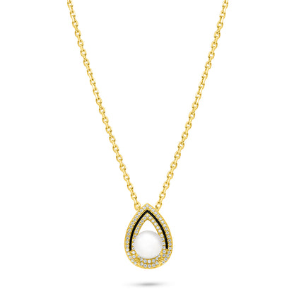 Sterling Silver 925 Necklace Golden Plated Embedded With Natural White Pearl And White Zircon