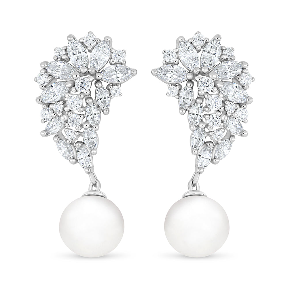 Sterling Silver 925 Earring Rhodium Plated Embedded With Natural White Pearl And White Zircon