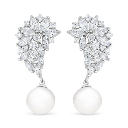 Sterling Silver 925 Earring Rhodium Plated Embedded With Natural White Pearl And White Zircon