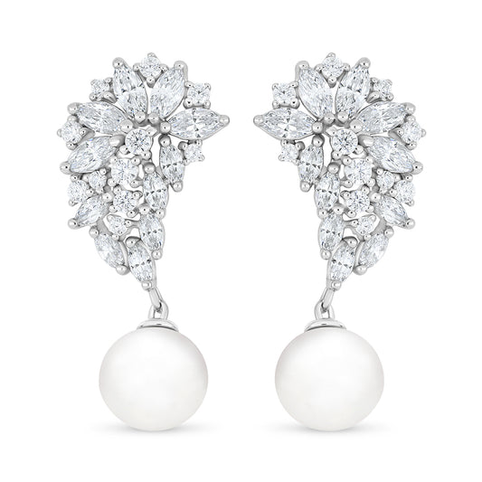 Sterling Silver 925 Earring Rhodium Plated Embedded With Natural White Pearl And White Zircon