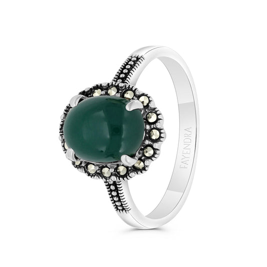 Sterling Silver 925 Ring Embedded With Natural Green Agate And Marcasite Stones