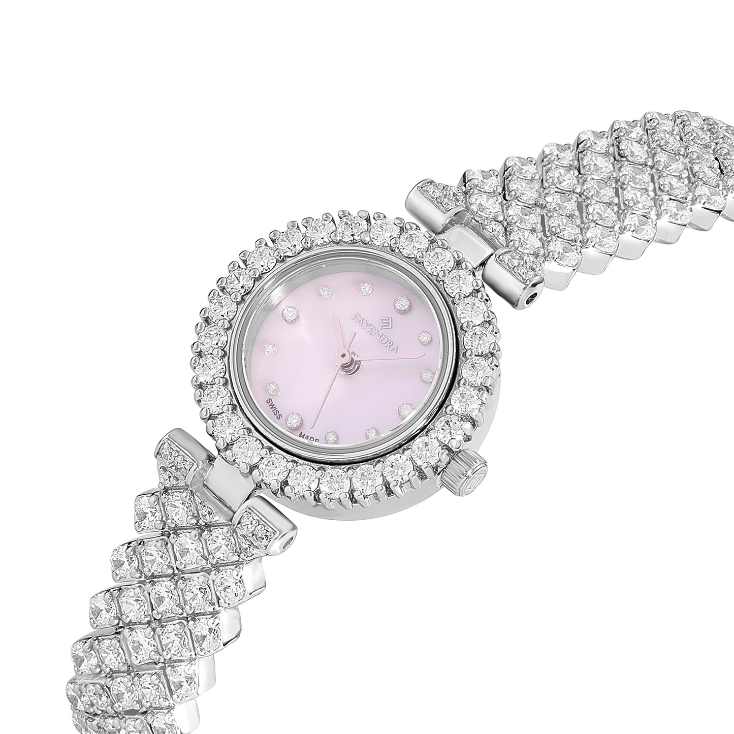 Stainless Steel 316L Watch Silver Color Embedded With White Zircon - PINK MOP DIAL