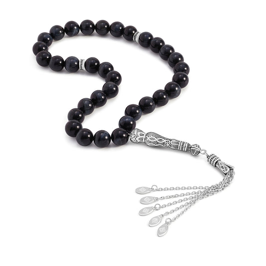Blue Tiger Eye Rosary 33 Round Bead 10 MM With Stainless Steel 316L Set (Silver & Black Plated)
