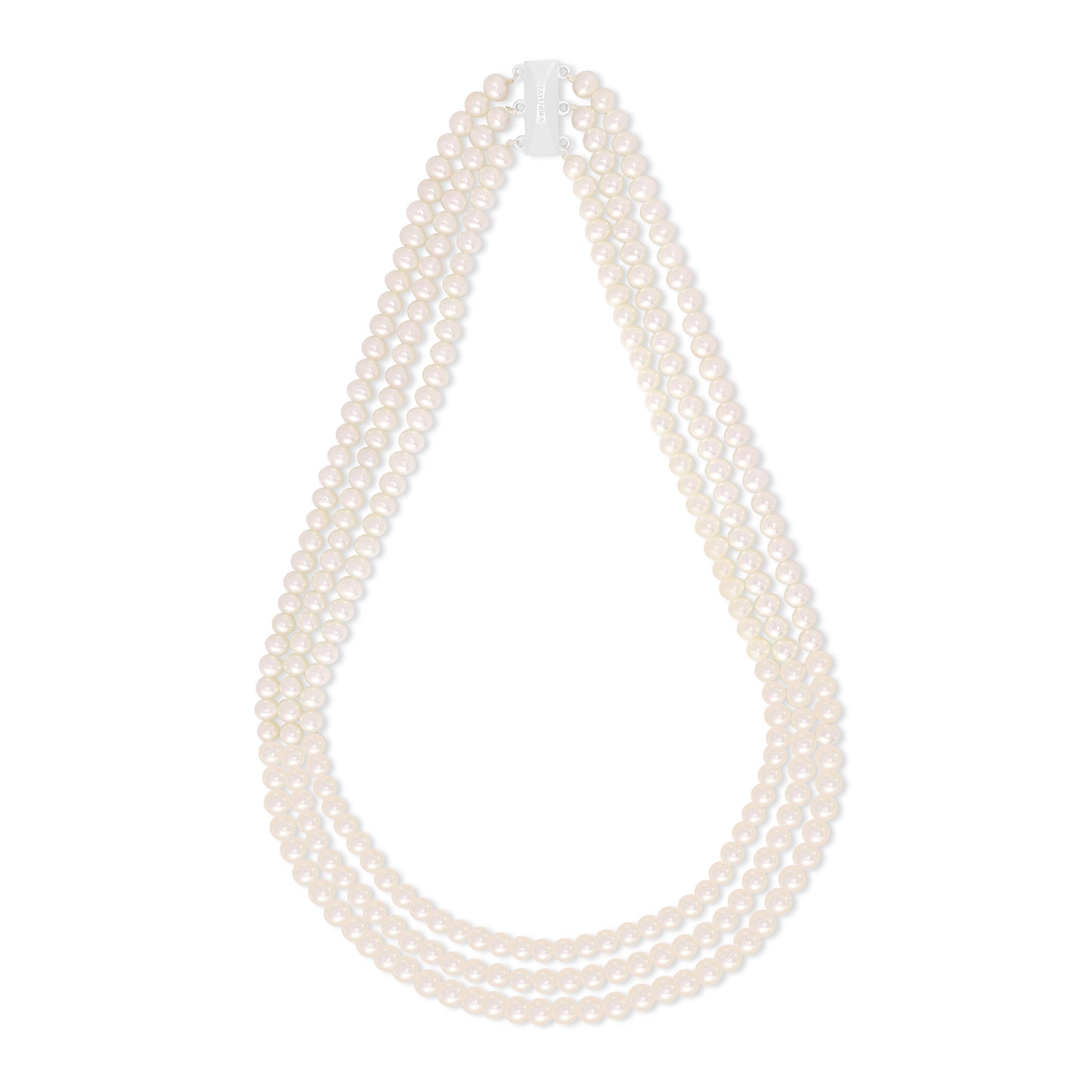 Necklace Of Natural White Pearl (3) Strand, 5.5 - 5 mm Round Beads With A Sterling Silver 925 clasp