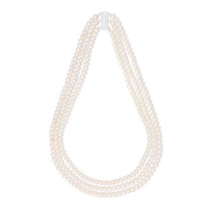 Necklace Of Natural White Pearl (3) Strand, 5.5 - 5 mm Round Beads With A Sterling Silver 925 clasp