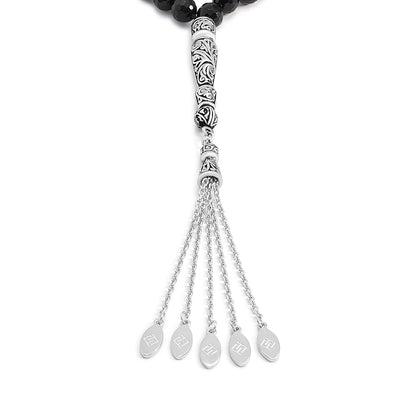 سبحة 45 احجار عقيق اسود بيلية 8 مم Faceted طقم ستانلس ستيل عيار 316L مطلى فضي واسود