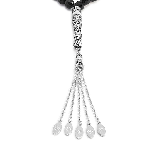 سبحة 45 احجار عقيق اسود بيلية 8 مم Faceted طقم ستانلس ستيل عيار 316L مطلى فضي واسود