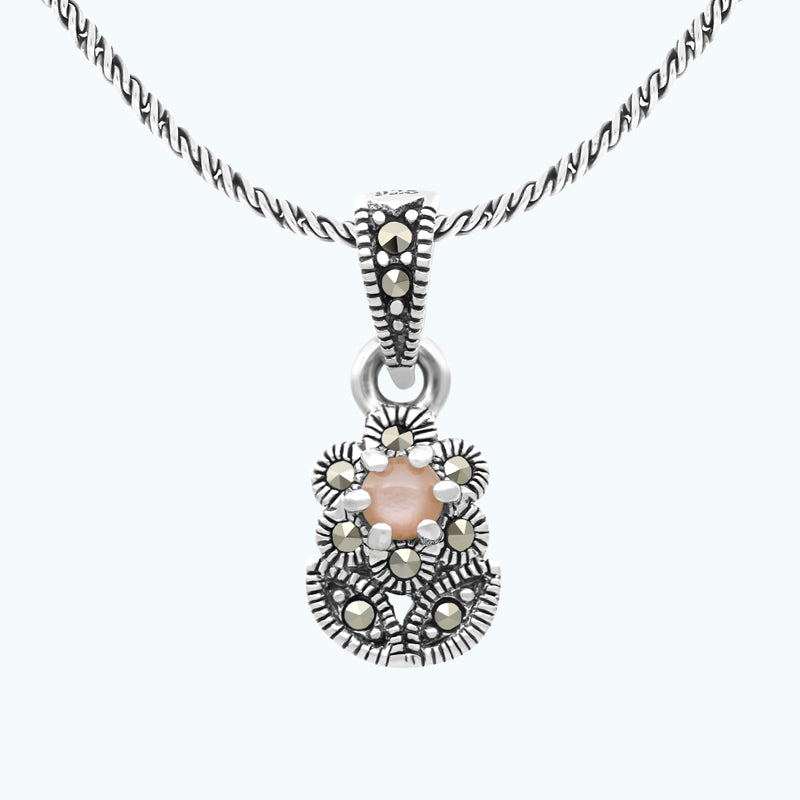 Sterling Silver 925 Pendant Embedded With Natural Pink Shell And Marcasite Stones