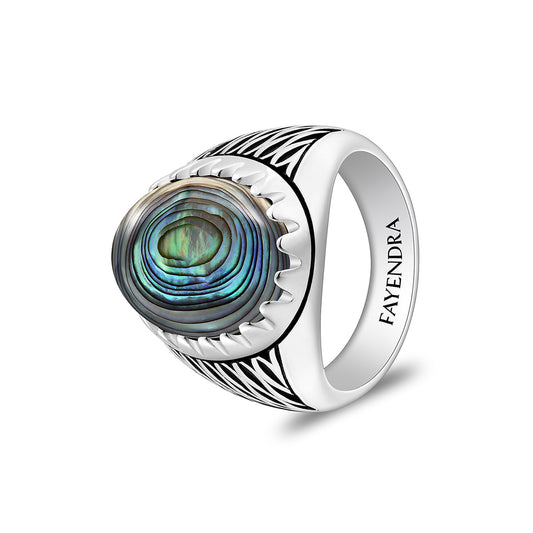 Sterling Silver 925 Ring Rhodium And Black Plated Embedded With Cabochon Paua Shell For Men