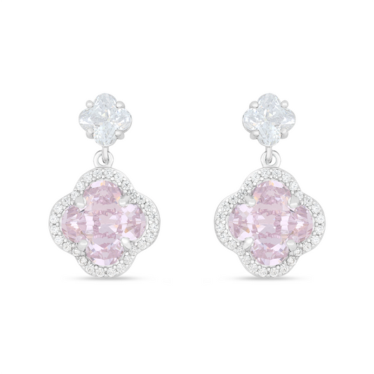 Sterling Silver 925 Earring Rhodium Plated Embedded With Pink Zircon And White Zircon