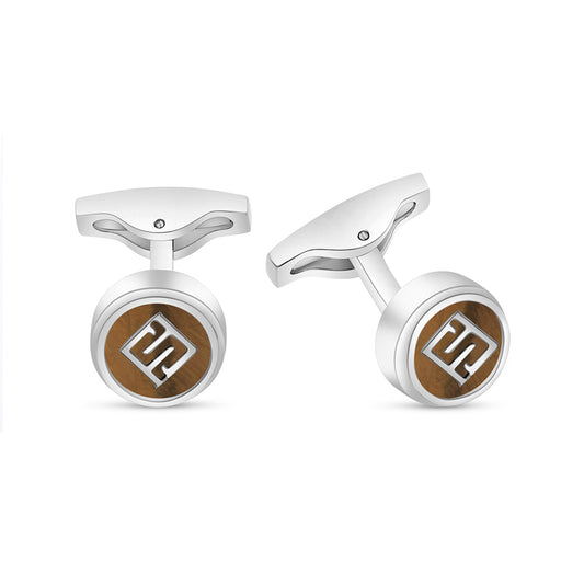 Stainless Steel Cufflink 316L Silver Color Embedded With Yellow Tiger Eye shell Shiny Steel